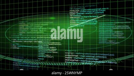 Computer code and data processing image over green grid background Stock Photo