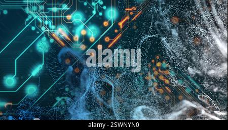 Digital circuit and data flow image over abstract blue and orange background Stock Photo