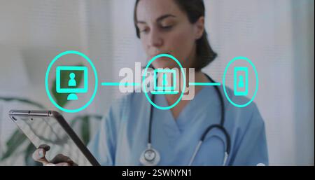 Medical professional using tablet with healthcare technology image overlaid Stock Photo