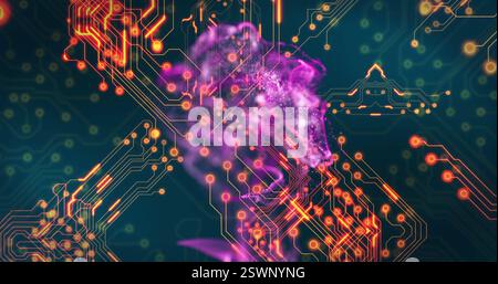 Circuit board and neural network image over colorful abstract background Stock Photo