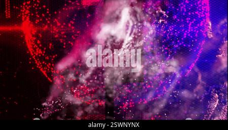 Abstract particles and light trails image over dark background with red and purple hues Stock Photo