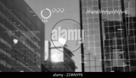 Data analytics and global statistics image over city skyscrapers Stock Photo