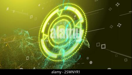 Rotating circular interface with glowing particles and digital data image Stock Photo
