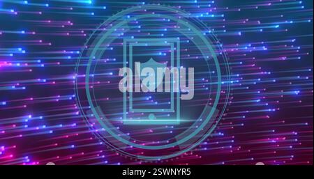 Smartphone with shield icon image over colorful digital data streams Stock Photo