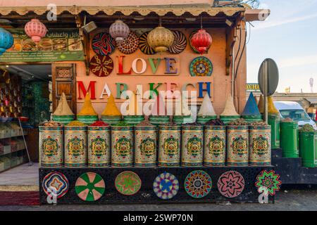 The Medina in Marrakesh refers to the central area of the city where many of the markets (souks), shops and restaurants are found. Stock Photo
