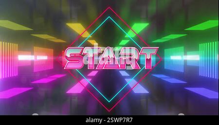 Image of start text over colourful neon shapes Stock Photo