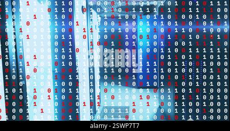 Binary code in red and white over image of server room Stock Photo