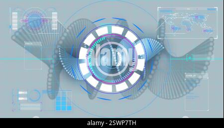 Futuristic data processing image over digital DNA strand and world map Stock Photo