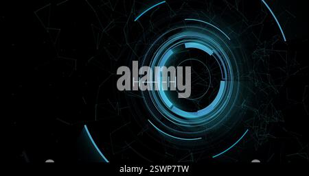 Rotating blue digital interface with binary code and circular patterns, futuristic image Stock Photo