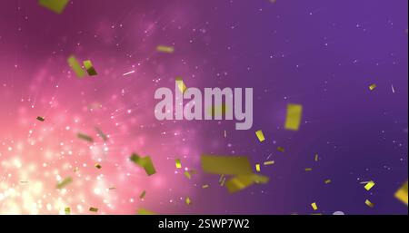 Golden confetti falling image over pink and purple starry background Stock Photo