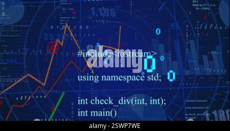 Financial data and binary code image over stock market graphs and charts Stock Photo