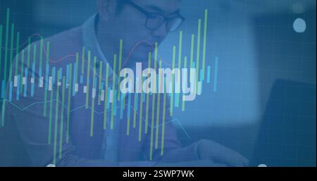 Financial data analysis image over person typing on laptop keyboard Stock Photo