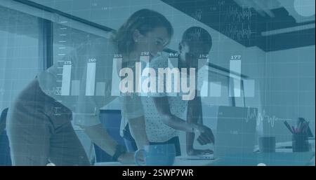 Analyzing data on laptop, business professionals with financial charts image over them Stock Photo