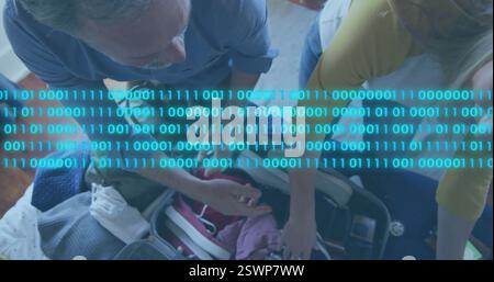 Binary code image over people packing suitcase Stock Photo