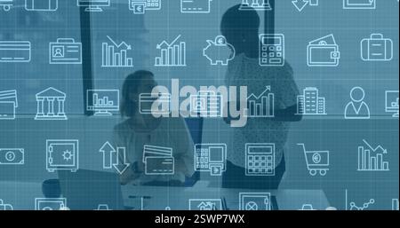 Business icons and data analytics image over two colleagues discussing in office Stock Photo