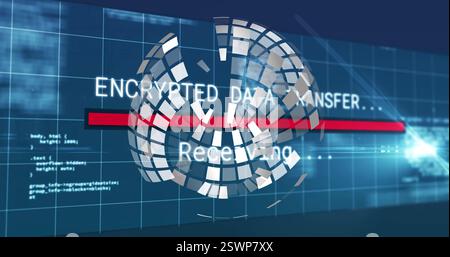 Encrypted data transfer image over rotating globe and digital grid Stock Photo