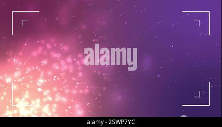Glowing particles and light streaks image over purple and pink background Stock Photo