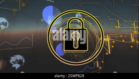 Lock icon image over digital data and world map background Stock Photo