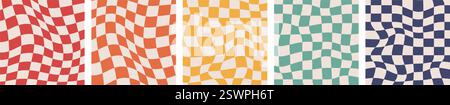 Groovy Distorted Checkered Background. Retro Twisted Trendy Waves Trippy Grid. Isolated Hand drawn Square templates collection. Hippie aesthetic psych Stock Vector