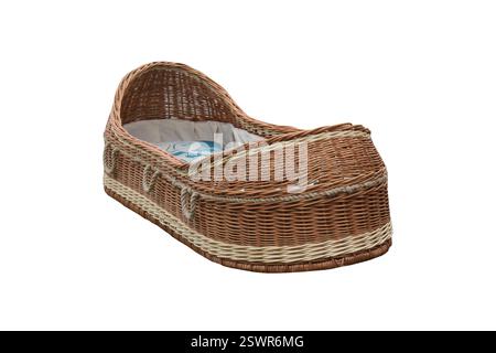 An Opened Top Wicker Funeral Casket Coffin. Stock Photo