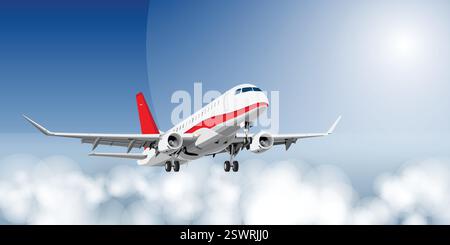 Airplane in flight with white clouds and blue sky background. Vector ...