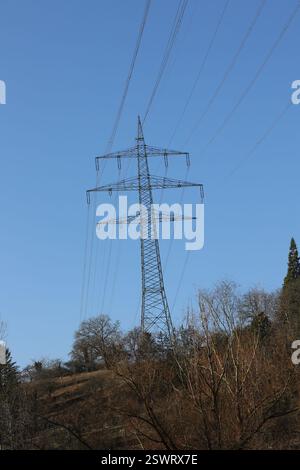 Single high voltage pylon against a blue sky Stock Photo - Alamy