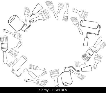 Painter tools oval Frame with graphic line ink vector Paint brushes and rollers. Black and white illustration with painting and drawing tools. Stock Vector