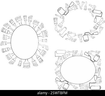 painter roller and brushes oval frames set. Vector graphic line ink templates Stock Vector
