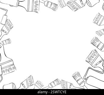 Painter tools brushes and rollers rectangle frame. White graphic ink outline on a transparent background. Template. Mock up Stock Vector