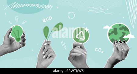 Halftone eco collage. Realistic hands holding green earth planet globe, esg recycle environmental change clean energy co2 ecology concept paper vintage collage vector illustration original artwork Stock Vector