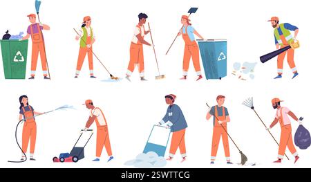 Street cleaners. City janitors in uniform cleaning gathering urban garbage, sweeper janitorial service job dustman waste bin collector, characters set classy vector illustration original artwork Stock Vector