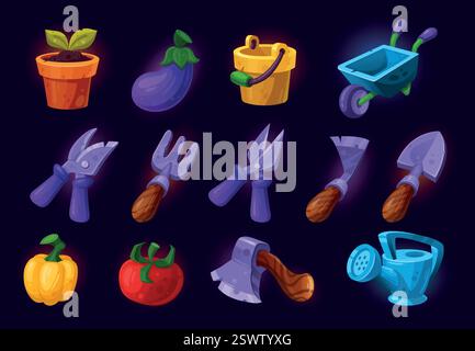 Game garden tools. Gardening instruments with farm vegetables gaming ui icons, shovel wheelbarrow cart watering can gardener farmer equipment cartoon icons tidy vector illustration original artwork Stock Vector