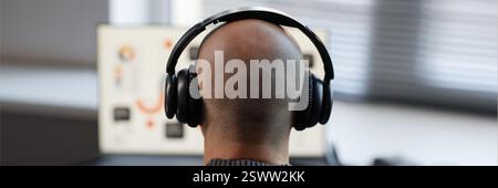 Website header shot of bald man shot from rear view listening to podcast through headphones while using computer in office, copy space Stock Photo