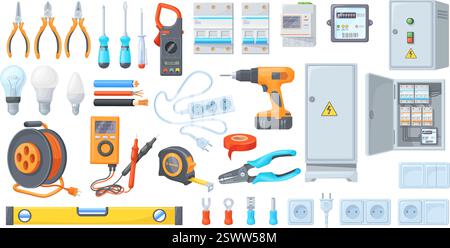 Cartoon electrician tools. Electricity repair work tool, electric power energy service set plug wire cable screwdriver socket electronics meter switcher, neat vector illustration original artwork Stock Vector