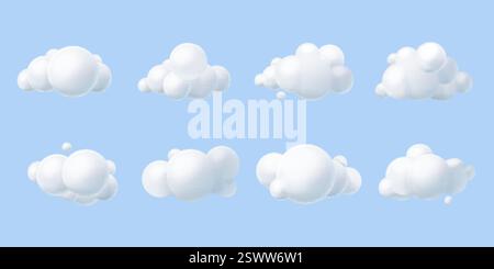 Render clouds icons. 3d cumulus cartoon fluffy dream cloud element, overcast weather cotton smoke fog bubbles above sky summer spring soft object, set exact vector illustration original artwork Stock Vector
