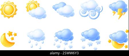 Render weather icons. Render realistic season climate forecast creative icon, sun moon rain wind storm cloud with rainy drop snow snowflake or thunder, exact vector illustration original artwork Stock Vector