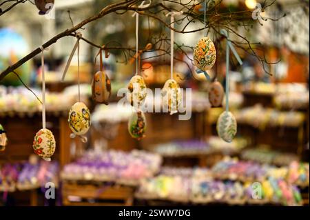 Easter eggs hanging from a branch in Vienna,Austria Stock Photo