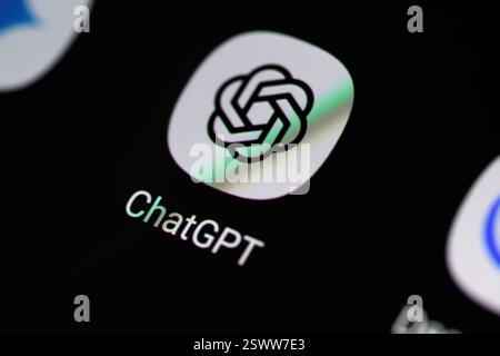 Lviv, Ukraine 22 feb 2025. In this photo illustration, a ChatGPT logo is seen displayed on a smartphone. OpenAI continues to advance its AI technologies, with its tools being used across various sectors to enhance productivity and innovation. Stock Photo