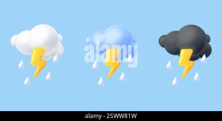 3d storm clouds. Render black blue white rain cloud with thunder lightning, storm rainy weather rainstorm thunderstorm cold season cartoon icons set, exact vector illustration original artwork Stock Vector