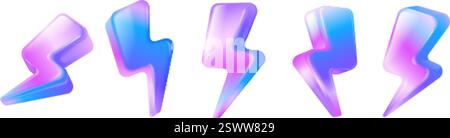 3d hologram thunder. Holographic neon thunders flash lighting icons, y2k design thunderbolt battery energy speed storm symbol electricity danger power, exact vector illustration original artwork Stock Vector