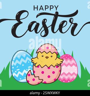 Happy Easter – Cute Chick and Colorful Easter Eggs Illustration Stock Vector