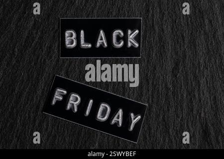 Black Friday text on black background. Black Friday concept. Top view Stock Photo