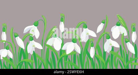 A frieze of snowdrops on a blue background. The first spring flowers in the flower bed. Green lawn with primroses. Vector illustration Stock Vector