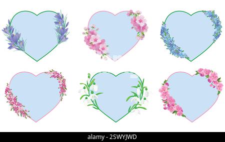 A set of decorative flower frames in the shape of a heart in blue and pink tones. Templates with spring flowers crocus sakura snowdrop, forget-me-not. Design of wedding invitations, banners, postcards Stock Vector