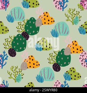 A seamless pattern of colorful corals and seaweed in pink and orange hues. An artistic representation of natures beauty, perfect for textile products wallpaper or wrapping paper Stock Vector