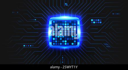 Brightly glowing AI chip on circuit board. Technology background. CPU processor on tech bg. Computer microchip on motherboard. Vector illustration Stock Vector