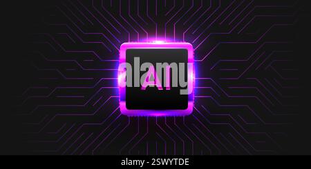 Brightly glowing AI chip on circuit board. Technology background. CPU processor on tech bg. Computer microchip on motherboard. Vector illustration Stock Vector