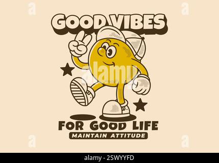 walking ball head mascot character wearing a hat with hands forming a peace symbol with text Stock Vector