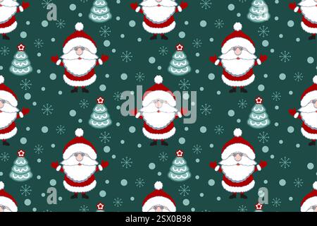 Santa Claus flat icon seamless pattern on dark green background. Vector illustration. Stock Vector