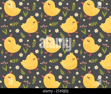 Chickens and flowers. Vector cartoon illustration. Stock Vector